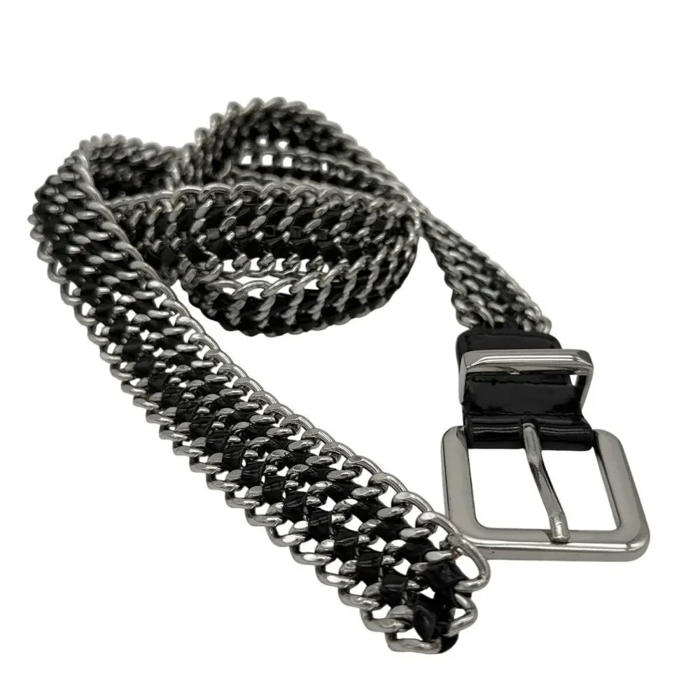 Vintage Woven Chain Belt Black Faux Patent Silver Adjustable Punk Rock